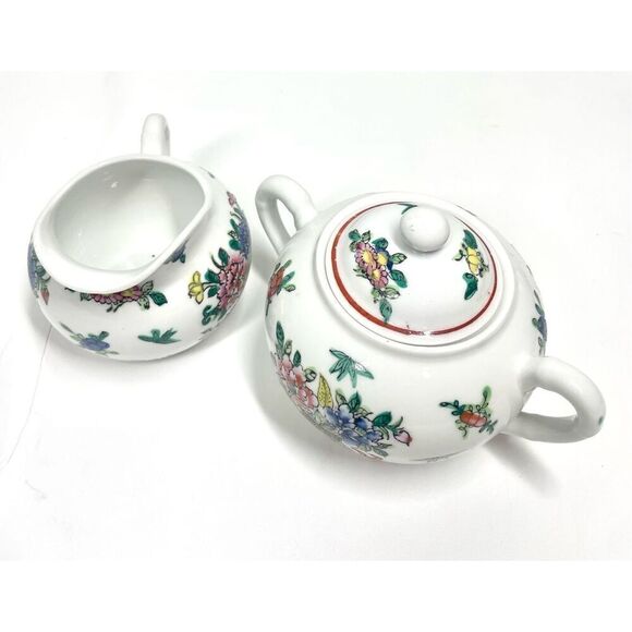 Vintage Bombay Co 3pc Set Porcelain Covered Sugar Bowl & Creamer Set - Picture 6 of 7